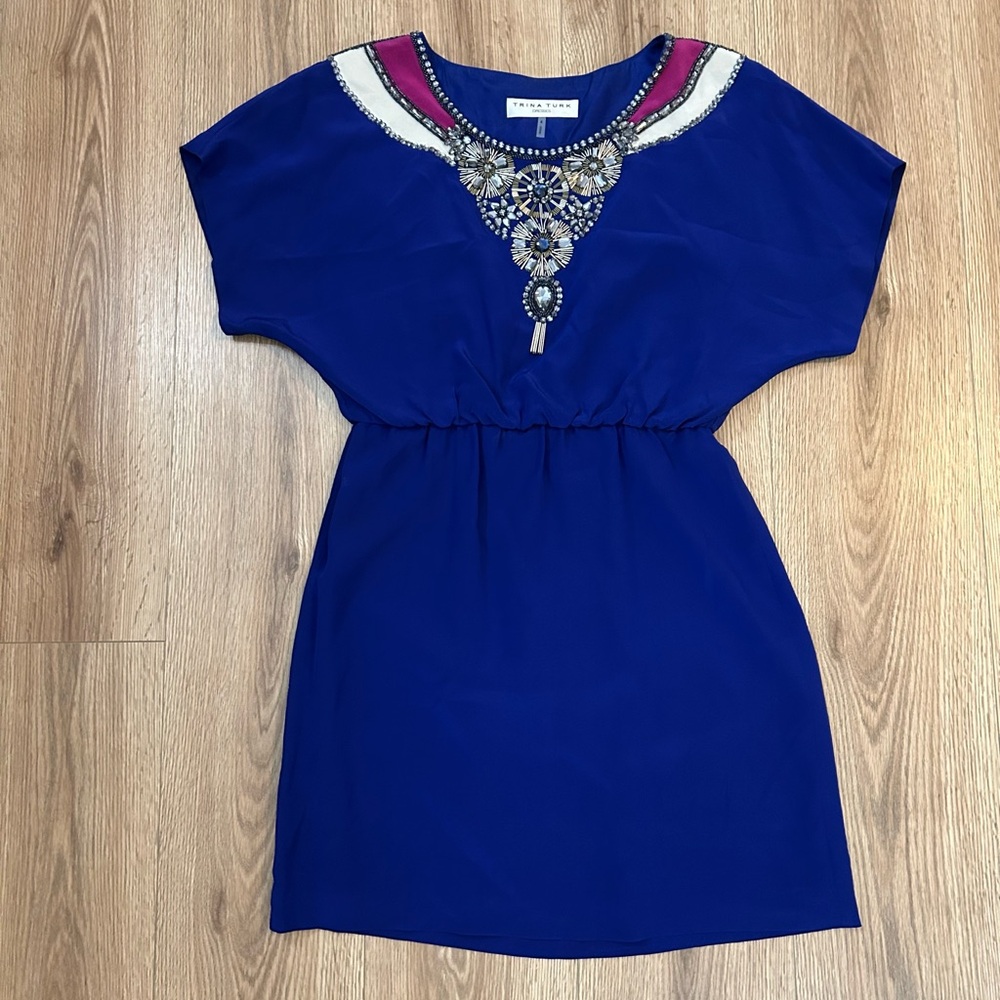 Trina Turk Blue Silk Jeweled Neck Blousan Mini Dress
